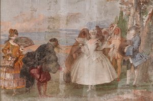 Gästeunterkünfte, das Zimmer der Karnevalsszenen: "Pantalone und Columbina", eine Szene mit Masken von Giovanni Battista Tiepolo