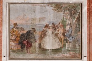 Gästeunterkünfte, der Raum der Karnevalsszenen: "Pantalone und Columbina", eine Szene mit Masken von Giovanni Battista Tiepolo