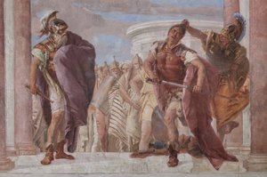 Palazzina (Kleines Gebäude): Ansicht des ersten Raums und seiner Fresken, die Episoden aus der Ilias darstellen: "Athena verhindert, dass Achilles sein Schwert gegen Agamemnon zieht", Detail von Giovanni Battista Tiepolo