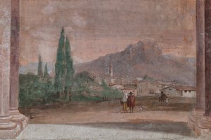 Palazzina (Kleines Gebäude): Ansicht des ersten Raums und seiner Fresken, die Episoden aus der Ilias darstellen: "Cupid mit Pfeilen fliegt über eine venezianische Landschaft" (Detail, Landschaft) von Giovanni Battista Tiepolo