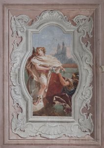 Palazzina (Kleines Gebäude): Ansicht des vierten Raums oder von Torquato Tasso, mit Fresken, die Episoden aus "Das befreite Jerusalem" darstellen: "Die Gefährten halten den Spiegel vor Rinaldo" von Giovanni Battista Tiepolo