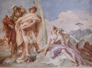 Palazzina (Kleines Gebäude): Ansicht des vierten Raums oder des Raums von Torquato Tasso mit Fresken, die Episoden aus "Das befreite Jerusalem" darstellen: "Rinaldo, begleitet von Ubaldo und Carlo, verlässt Armida"