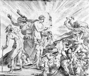 Der Mythos von Pandoras Büchse, Zeichnung von Rosso von Giovanni Battista (after) Rosso