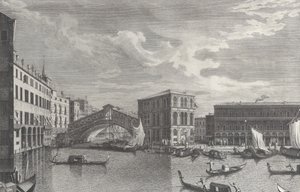Die Rialtobrücke, Venedig, mit Booten und Gondeln im Wasser von Giovanni Battista Brostoloni