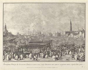Der Doge im Bucintoro verlässt den Porto di Lido am Himmelfahrtstag von Giovanni Battista Brustolon after Canaletto