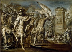 Erster Kreuzzug: „Der genuesische Condottiere Guglielmo Embriaco während der Eroberung Jerusalems“ Es ist der Ursprung eines Angriffsturms, der aus den Hölzern der genuesischen Schiffe gebaut wurde. Monochrom-Gemälde von Giovanni Battista Carlone von Giovanni Battista Carlone