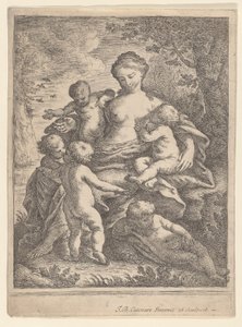 Nächstenliebe, sitzend in einer Landschaft, umgeben von fünf nackten Kindern, 1692-1727 von Giovanni Battista Catenaro