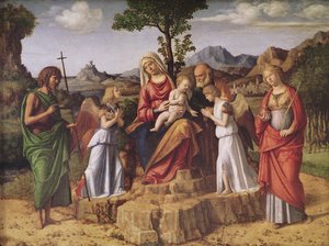 Heilige Konversation (Die Heilige Familie umgeben von Engeln, der heiligen Lucia und Johannes dem Täufer), Rast vor der Flucht nach Ägypten