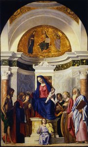 Jungfrau und Kind mit den Heiligen Johannes dem Täufer, Cosmas und Damian, Katharina und Paulus, ca. 1506-1507