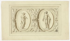 Zwei Medaillons mit stehenden Figuren von Omphale und Bacchus, getrennt durch ein Design aus Akanthusblättern
