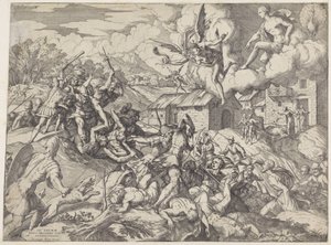 Soldaten von Aeneas kämpfen mit Dienern von König Latinus von Giovanni Battista Fontana