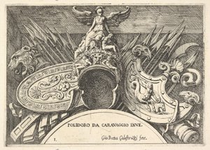 Trophäen römischer Waffen von Dekorationen über den Fenstern im zweiten Stock von Giovanni Battista Galestruzzi