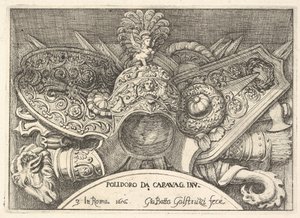 Platte 3: Trophäen römischer Waffen aus Dekorationen über den Fenstern im zweiten Stock ..., 1656