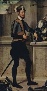 Ein Ritter mit seinem Turnierhelm, 1554-1558