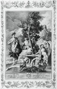Carlo und Ubaldo auf den Glücklichen Inseln, Kupferstich von Giovanni Battista Piazzetta (1683-1754) für Gesang XV von Jerusalem Befreit, von Torquato Tasso (1544-1595), Giovanni Battista Albrizzi Ausgabe, Venedig, Italien von Giovanni Battista Piazzetta