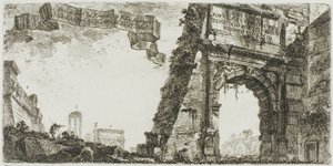 1. Titusbogen. 2. Villa Farnese. 3. Säulen des Tempels des Jupiter Stator [der Unterstützer]. 4. Septimius-Severus-Bogen. 5. Tempel des Friedens, Tafel sechs aus Einige Ansichten von Triumphbögen und anderen Denkmälern von Giovanni Battista Piranesi