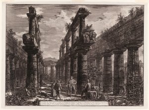 A., B. Ansicht der Überreste der beiden Säulenreihen im Tempel des Neptun, die ursprünglich die Kolonnaden entlang der Seiten der Cella bildeten und den obersten Teil des Daches stützten, aus Verschiedene Ansichten von Paestum von Giovanni Battista Piranesi