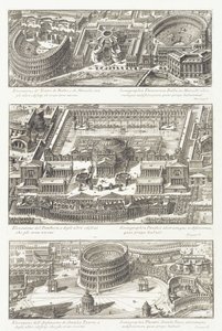 Vogelperspektiven: die Balbo- und Marcello-Theater, das Pantheon und die Umgebung, und das Statilio Tauro Amphitheater von Giovanni Battista Piranesi