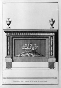 Projekt eines Kamins aus Carrara-Marmor für ein Mailänder Wohnzimmer. Zeichnung von Giovanni Piranesi (1720-1778)