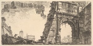 Tafel 6: 1. Titusbogen. 2. Villa Farnese. 3. Säulen des Jupiter-Tempels, ca. 1748 von Giovanni Battista Piranesi