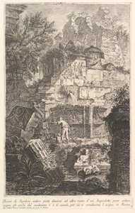 Ruinen eines antiken Grabmals vor Ruinen eines antiken Aquädukts, ca. 1750