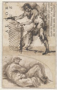 Studie einer stehenden Männerfigur, die ein Fundament misst (a). Studie nach il Giorno von Michelangelo (b)