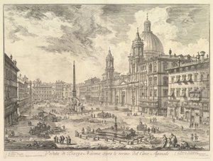 Die Piazza Navona, Rom, über den Ruinen des Circus von Domitian, die Kirche Sant Agnese rechts, Berninis Brunnen in der Mitte, aus "Vedute di Roma" von Giovanni Battista Piranesi