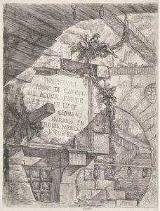 Titelbild mit Gesicht im Kerker und Titel an der Wand (Kerker) von Giovanni Battista Piranesi