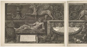 Titelblatt mit Skulpturen, geschnitzten Reliefs und einem Sarkophag mit Titel Vasen, Kandelaber, Grabsteine, Sarkophage, Dreifüße, Lampen und Ornamente entworfen und graviert von Giovanni Battista Piranesi (Serientitel) Vasi, candelabri, cippi, sarcofagi von Giovanni Battista Piranesi