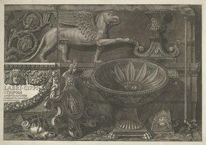 Titelblatt mit Skulpturen, Reliefs und einem Sarkophag (rechter Teil) von Giovanni Battista Piranesi