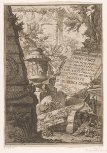 Titelblatt mit Titel auf Marmorblock in einer Landschaft mit Ruinen von Giovanni Battista Piranesi