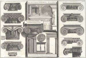 Verschiedene römische ionische Kapitelle im Vergleich mit griechischen Beispielen von Giovanni Battista Piranesi