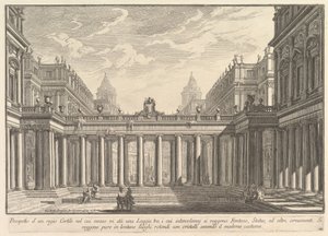 Ansicht eines Hofes mit einer Loggia, Brunnen, Statuen und anderen Ornamenten, ca. 1750