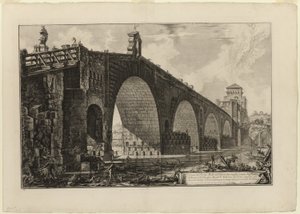 Ansicht der Ponte Molle [oder Milvische Brücke] über den Tiber zwei Meilen außerhalb von Rom, aus Ansichten von Rom von Giovanni Battista Piranesi