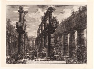 Ansicht der Überreste der zwei Säulenreihen im Tempel des Neptun, die ursprünglich die Kolonnaden entlang der Seiten der Cella bildeten und den obersten Teil des Daches stützten, aus Verschiedene Ansichten von Paestum von Giovanni Battista Piranesi