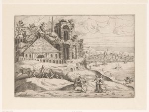 Landschaft mit antiken Ruinen und dem Koloss von Rhodos