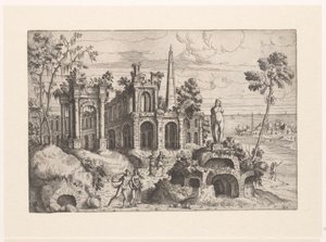 Landschaft mit antiken Ruinen, Skulptur und Obelisk (Landschaften mit Ruinen) von Giovanni Battista Pittoni (I)