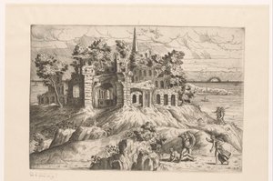 Landschaft mit Ruinen am Wasser und einer auf- oder untergehenden Sonne von Giovanni Battista Pittoni (I)