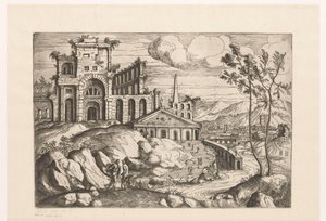 Landschaft mit Ruinen und Fantasiearchitektur an fließendem Wasser mit Wasserfall