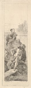 Ein bärtiger, sitzender Mann blickt über seine rechte Schulter zu einem Kind und einer Frau, ca. 1750-55