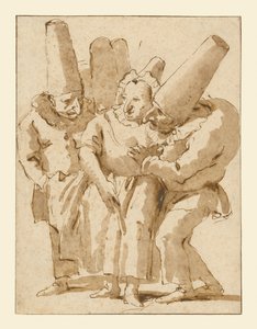 Punchinellos nähern sich einer Frau von Giovanni Battista Tiepolo