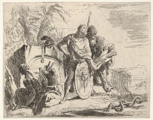 Drei Figuren und eine Schlange, die sich um einen Stab windet, umgeben von einer Landschaft, der ce..., 18. Jahrhundert