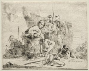 Verschiedene Kaprizen: Junger Mann sitzt, an eine Urne gelehnt von Giovanni Battista Tiepolo