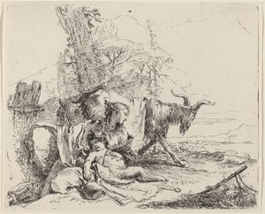 Frau, Satyrkind und Ziege in einer Landschaft von Giovanni Battista Tiepolo