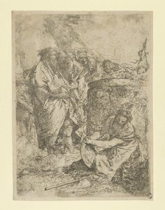 Frau kniet vor Magiern und anderen Figuren, aus den Scherzi, ca. 1740 von Giovanni Battista Tiepolo