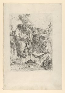 Frau, die vor Zauberern und anderen Figuren kniet, aus den Scherzi, ca. 1743-50 von Giovanni Battista Tiepolo