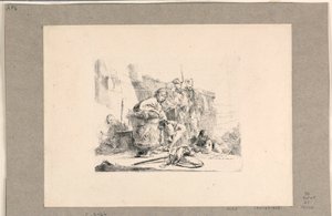 Junger Mann sitzt bei einer Urne und andere Figuren, aus den Vari Capricci von Giovanni Battista Tiepolo