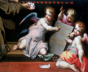 Detail der Konzession des Ablasses von Porziuncola (unten rechts) von Giovanni Battista Trotti