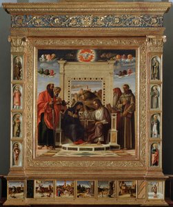 Altarbild Bellini: Zentralteil Krönung der Jungfrau zwischen St. Peter und St. Paul (links) und St. Hieronymus und St. Franziskus von Assisi (rechts). Ölmalerei von Giovanni Bellini. Ca. 1475