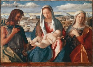 Madonna mit Kind und dem heiligen Johannes dem Täufer und einem Heiligen von Giovanni Bellini
